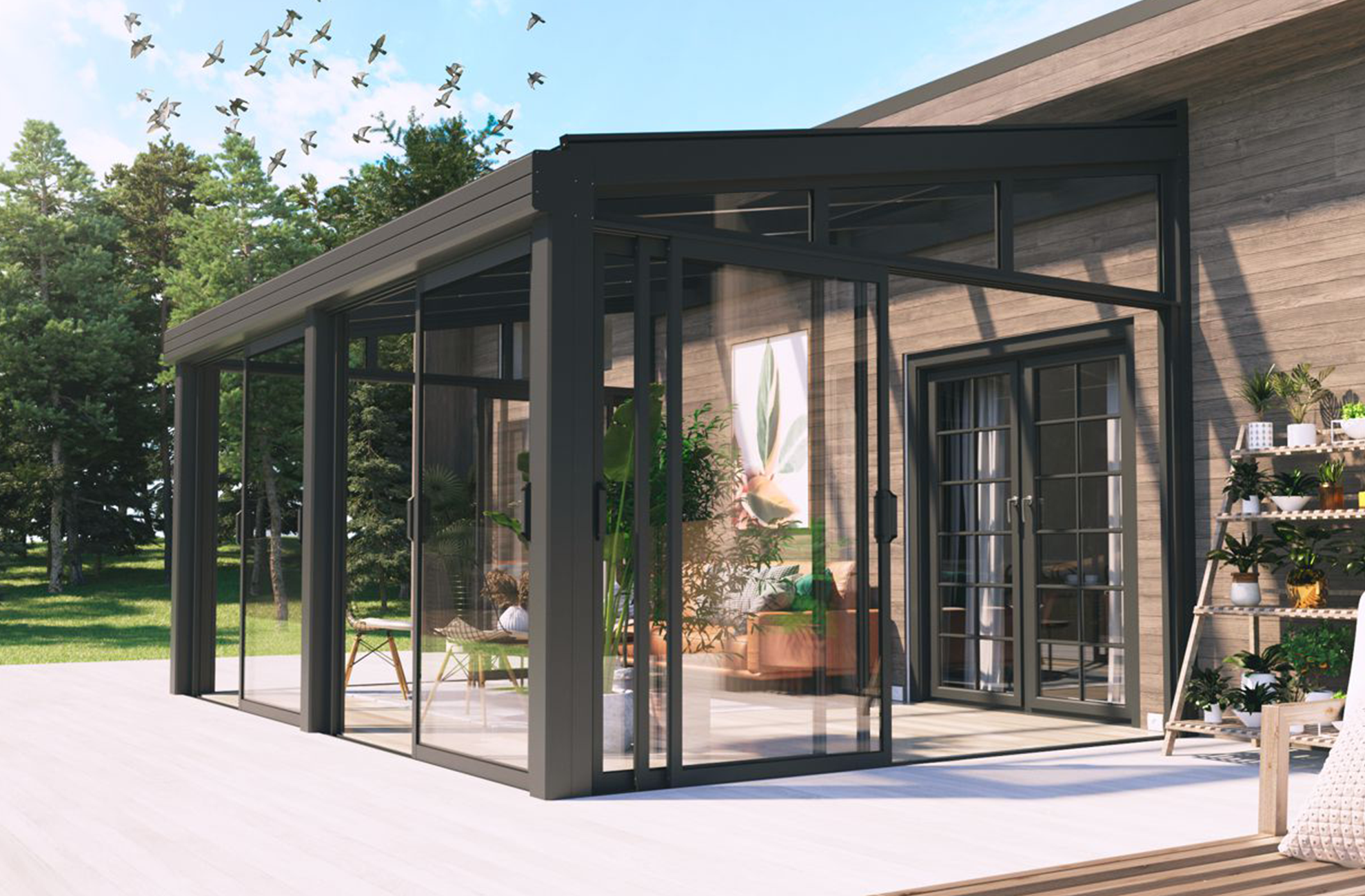 Veranda med bord och stolar